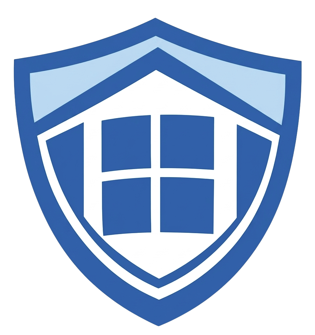 ShieldView Aluminum Windows Logo. A blue shield emblem with a white windowpane in the center and a house roof design above.