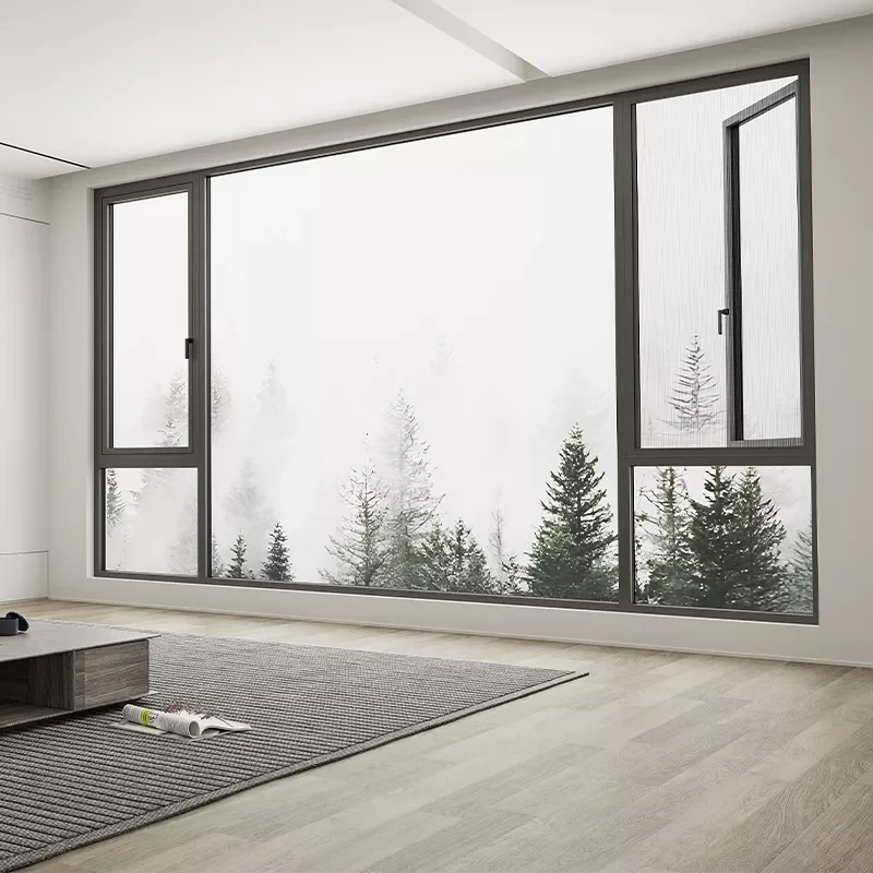 Large and open window with showing snow-covered trees outside.