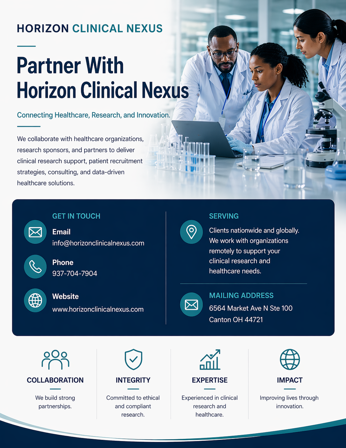 A promotional flyer for Horizon Clinical Nexus featuring a photo of three diverse medical professionals working together in a laboratory, and sections with contact information, services, and core values such as collaboration, integrity, expertise, and impact.