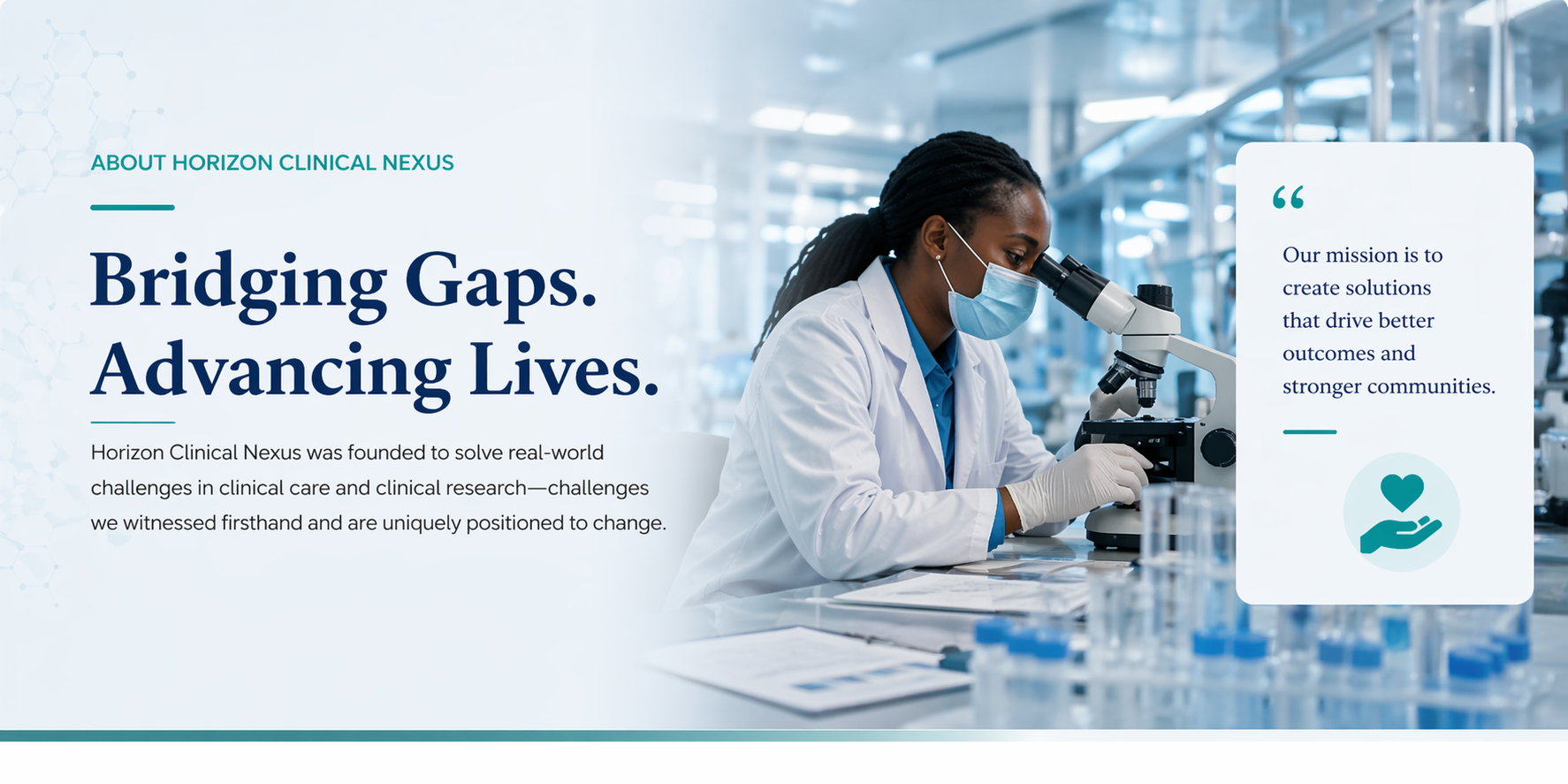 A scientist wearing a face mask and gloves using a microscope in a laboratory. The background shows a modern laboratory setting with glass and metal equipment.