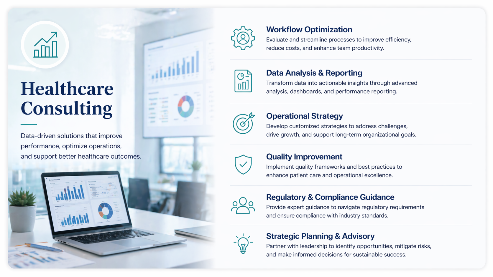 Healthcare consulting services infographic with icons and text, including workflow optimization, data analysis, operational strategy, quality improvement, regulatory guidance, and strategic planning, featuring a laptop, documents, and potted plant on a desk.
