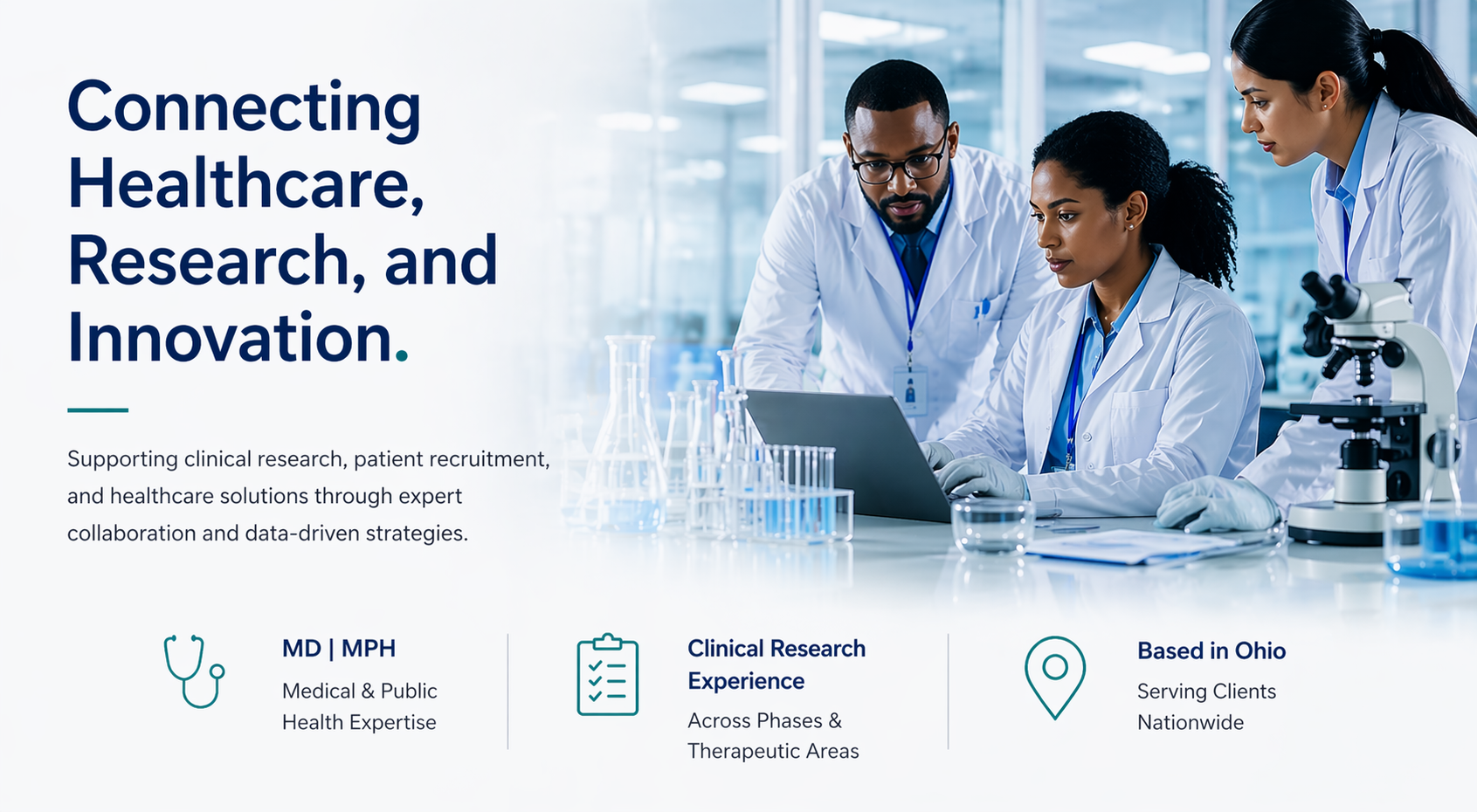 Medical researchers working in a science lab with microscopes and test tubes