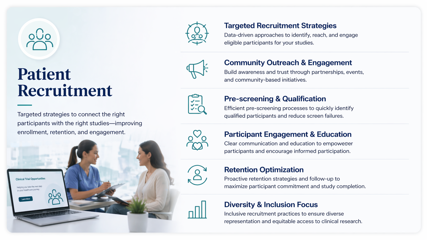 A digital infographic outlining strategies for patient recruitment, including targeted recruitment strategies, community outreach, pre-screening, participant engagement, retention, and diversity and inclusion, with an image of two women in a discussion at a table and a laptop displaying clinical trial opportunities.