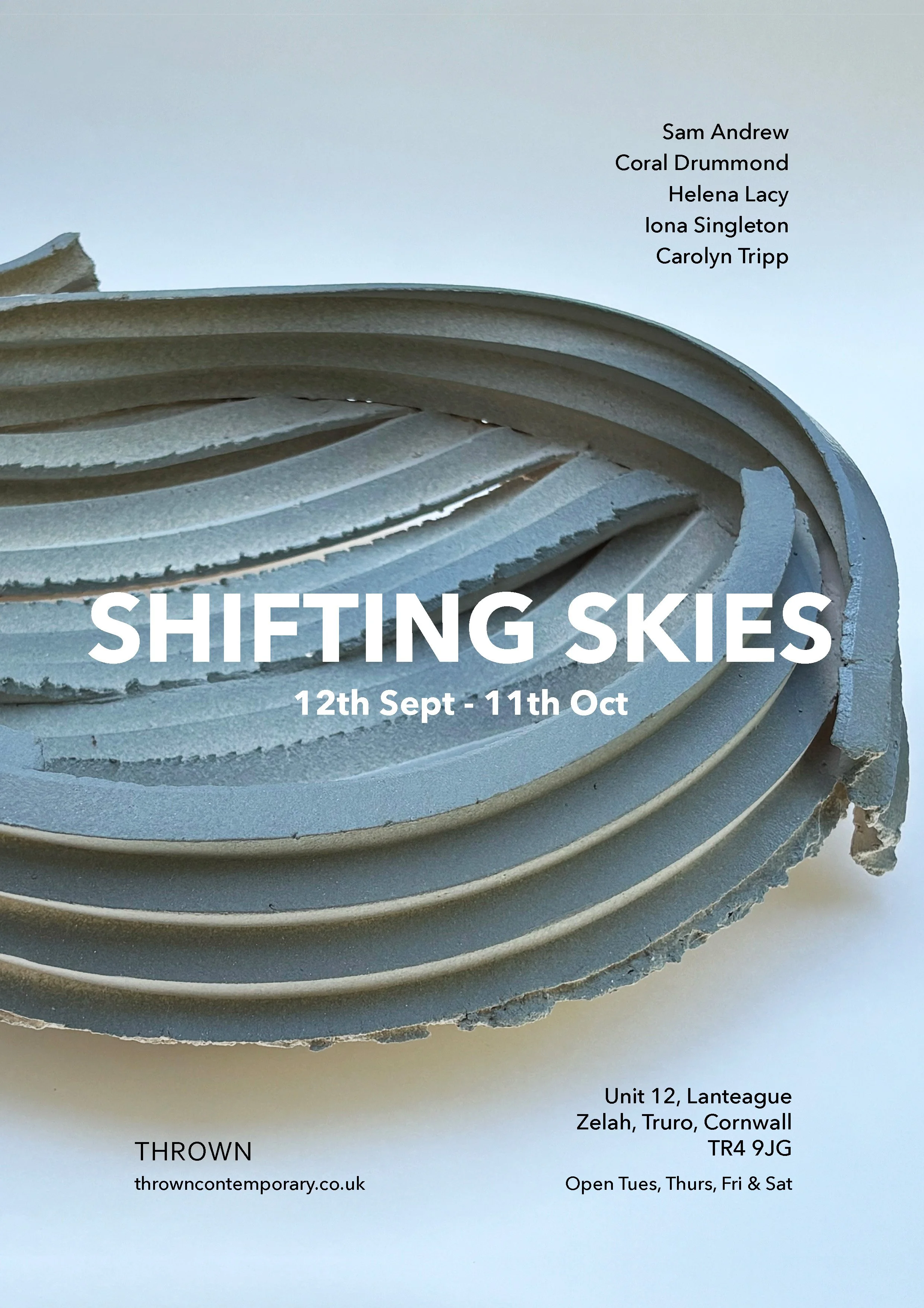 Poster for Thrown Contemporary's exhibition 'Shifting Skies' featuring a corrugated blue ceramic dish by Iona Singleton