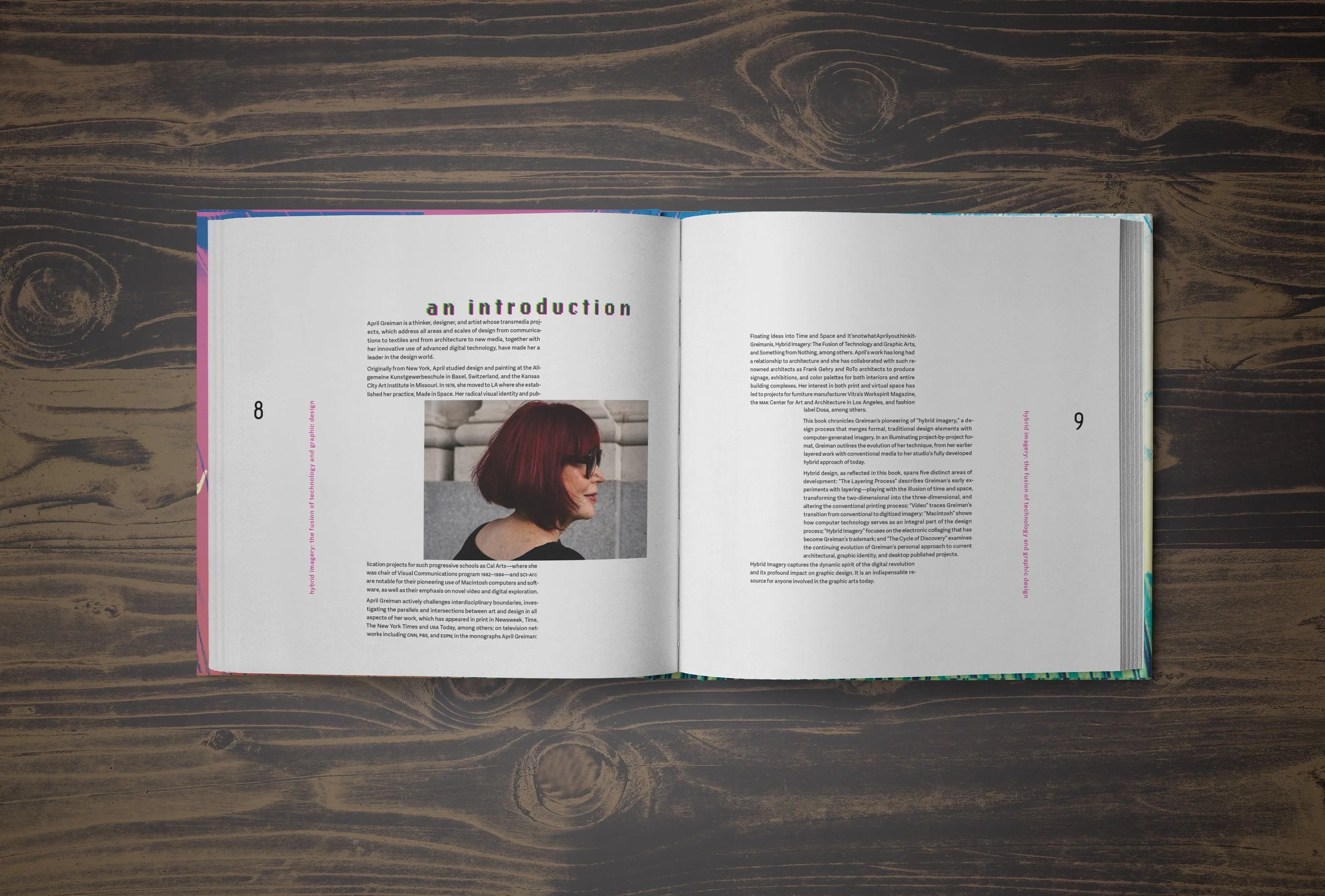 The introduction page. I made the choice to knock the image (which was placed on the hang line to reinforce it) out as a symbol of April breaking the norm and making her own rules.
