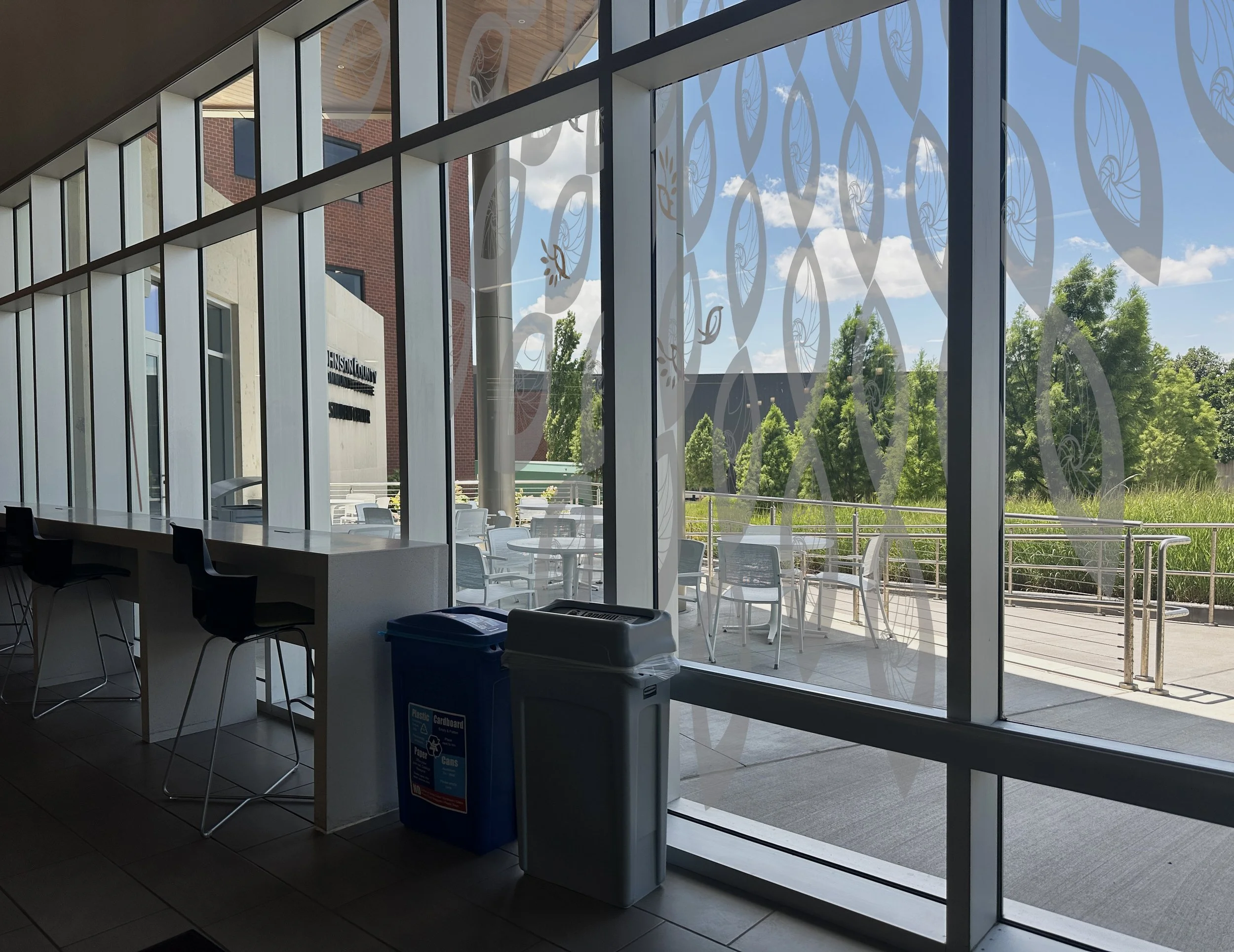 An indoor view to demonstrate that the vinyl application would not obstruct the view while giving people something interesting to look at.