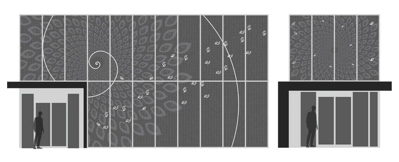 Elevation drawing of the North side of the Student Center by the cafe, featuring a simpler, cleaner design since it is a higher traffic area at ground level. I wanted to make sure that there were details to enjoy while maintaining a clear line of sig