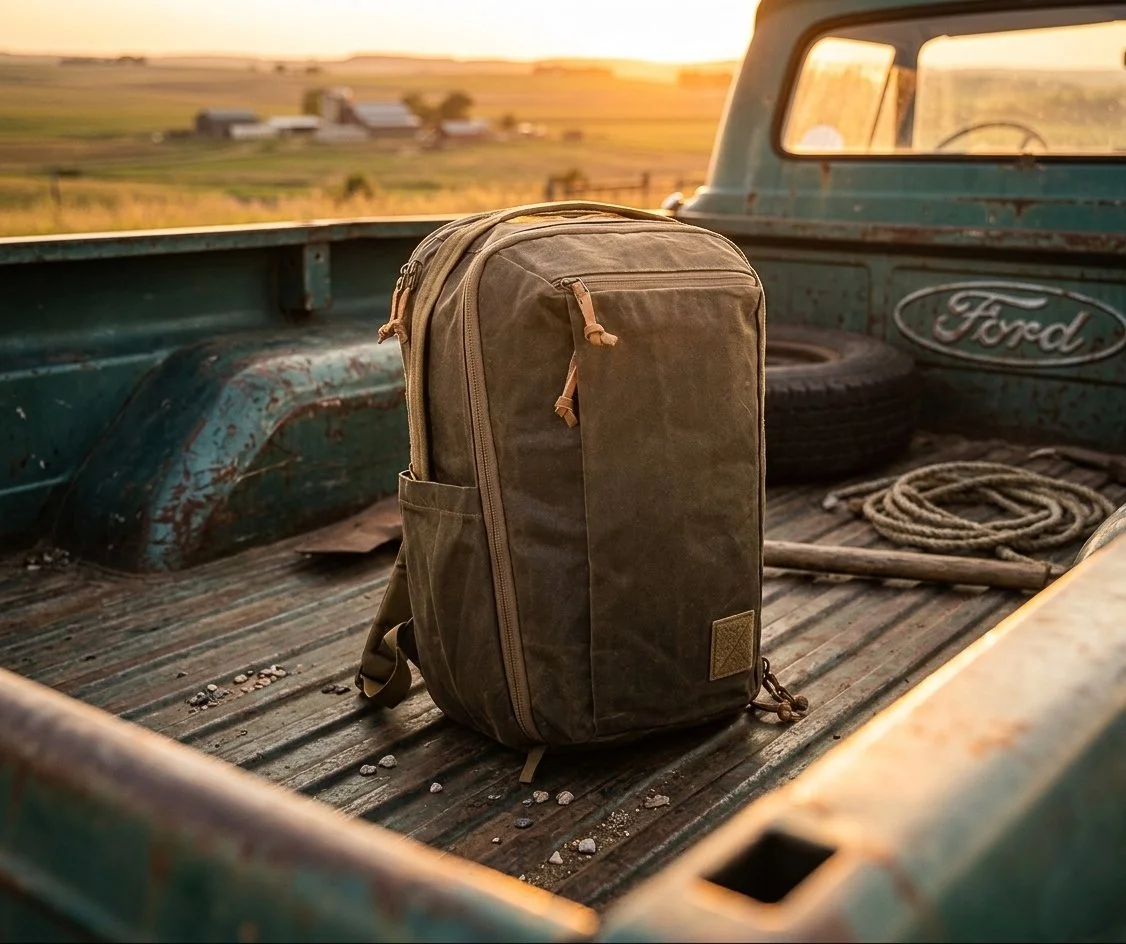 A brown backpack placed in the bed of an old, weathered green Ford pickup truck, with a rural farm and sunset in the background.