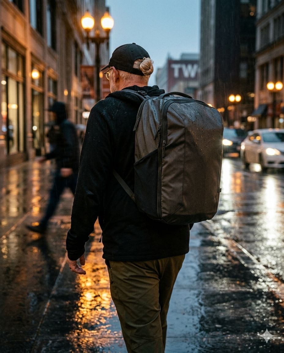 RC  wearing a black cap, black jacket, and khaki pants, walks on a wet city street at dusk, carrying a large black backpack.