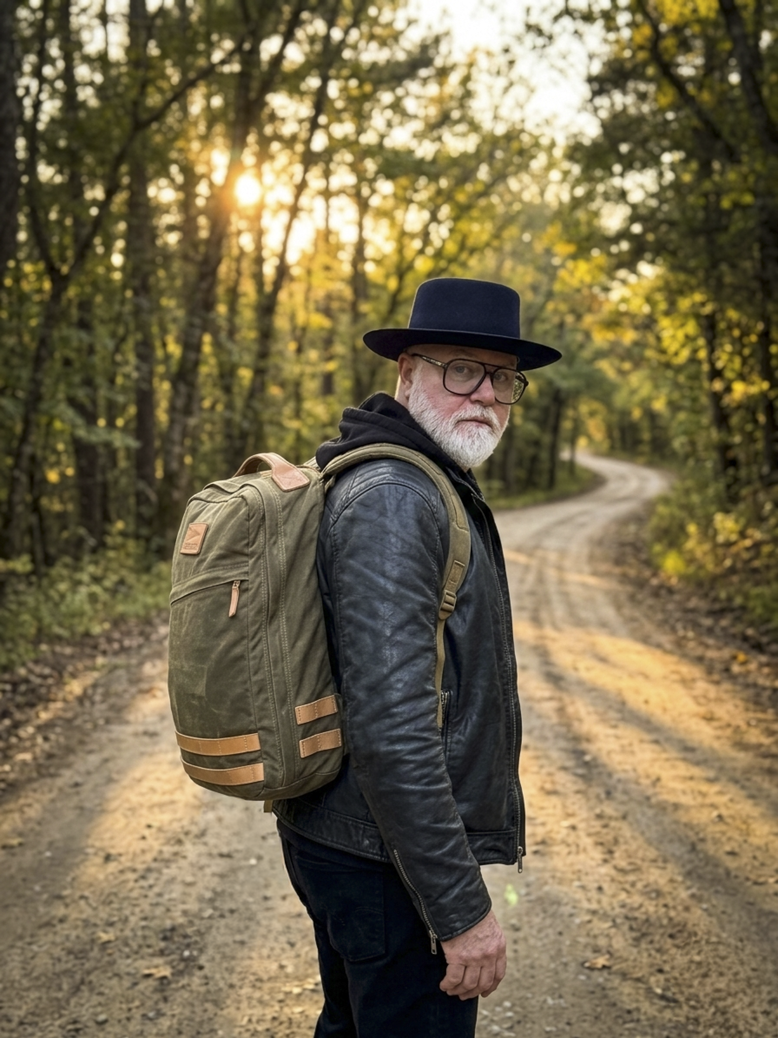 RC carrying a backpack on a trail, golden hour lighting