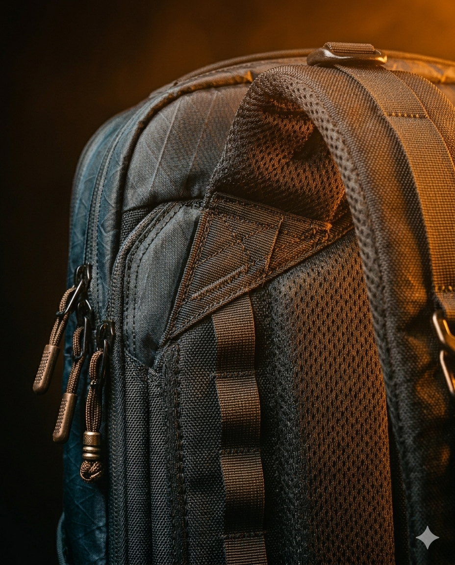 Close-up of a black tactical backpack with multiple zippers, compartments, and padded shoulder straps, illuminated with warm lighting.