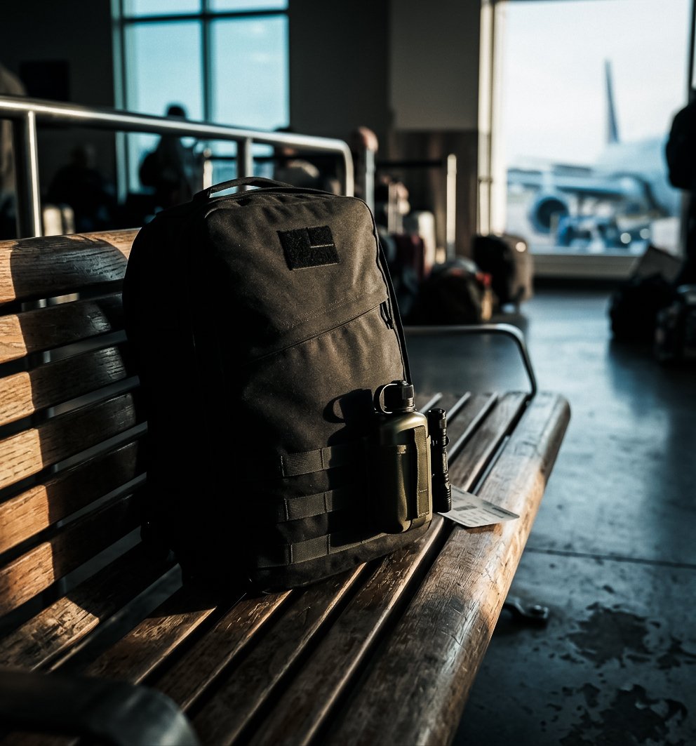 A black backpack with a water bottle attached is placed on a wooden bench inside an airport terminal, with large windows in the background showing an airplane outside.