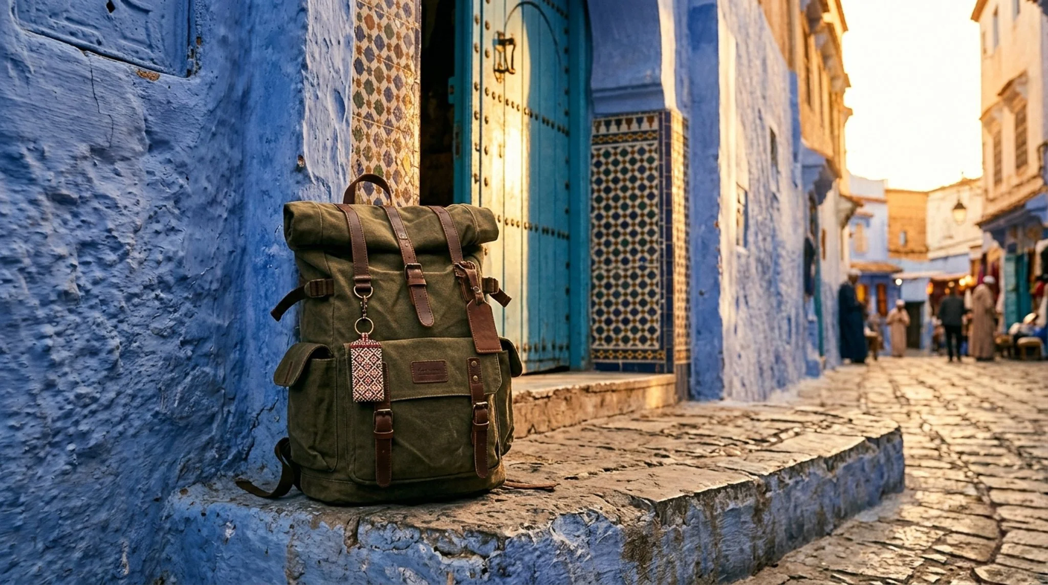 Backpack setting on the steps in Morocco during golden hour