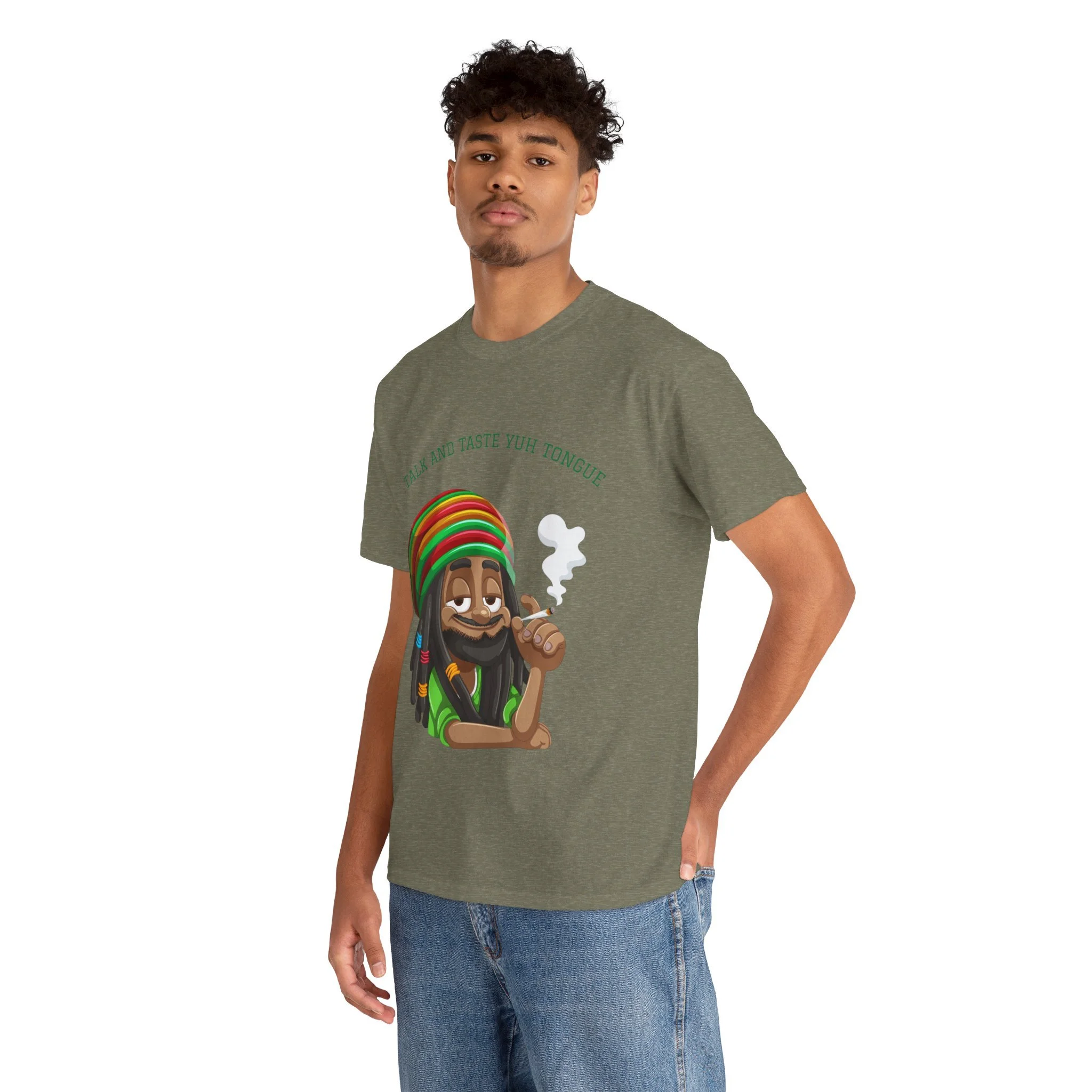 Young man wearing a green t-shirt with a cartoon Rastafarian character smoking a joint and the text "Talk and Taste Yuh Tongue".