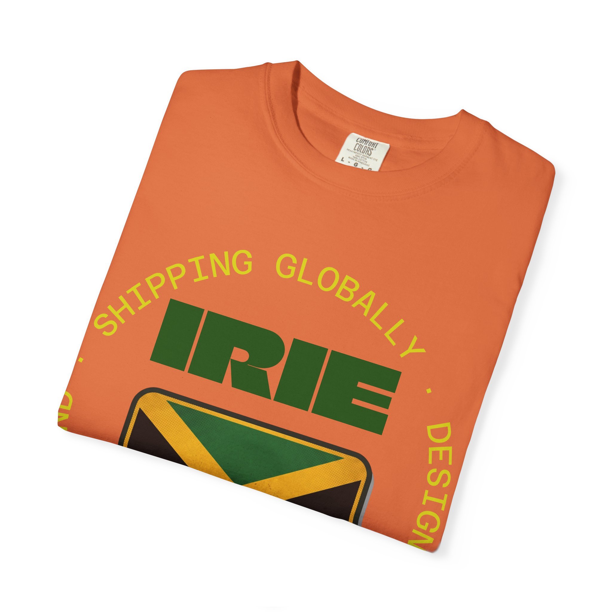 Orange t-shirt with a design featuring a green and yellow flag and the text 'Shipping Globally' and 'IRE'.