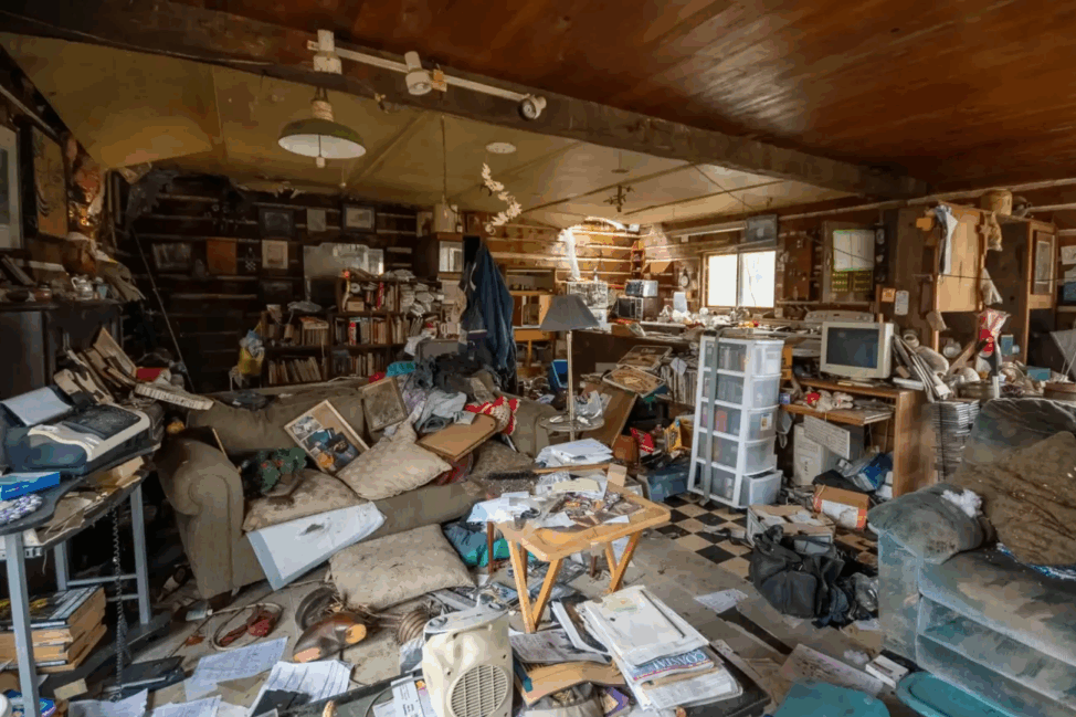 A cluttered living room filled with books, papers, and discarded items, with couches, a small table, and an assortment of electronic devices and storage containers.