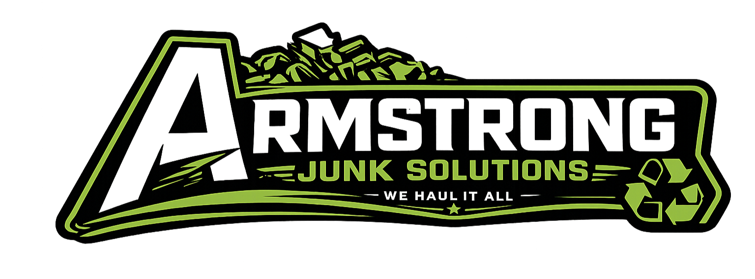 Logo for Junk Solutions with a green truck illustration, recycling symbol, and the slogan "We Haul It All."