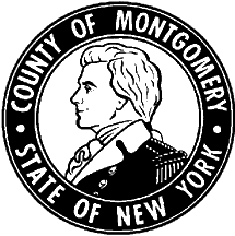 Seal of Montgomery County, New York, featuring a profile of a woman with short hair and a bow, with the text 'County of Montgomery, State of New York' surrounding it.