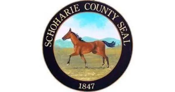 JUNK REMOVAL IN  Schoharie County Seal featuring a brown horse walking on grass with a blue sky background, encircled by black border with white text 'Schoharie County Seal 1847'.
