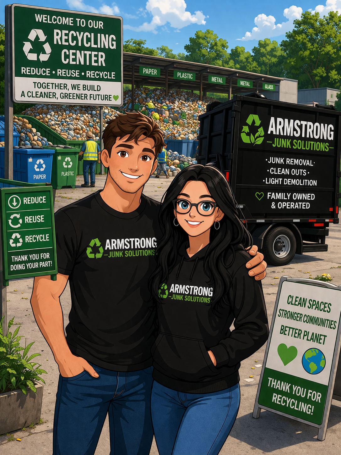 JUNK REMOVAL IN SCHOHARIE NEW YORK Illustration of a man and woman wearing black Armstrong Junk Solutions hoodies, smiling and standing in front of a recycling center with a truck, signs promoting recycling