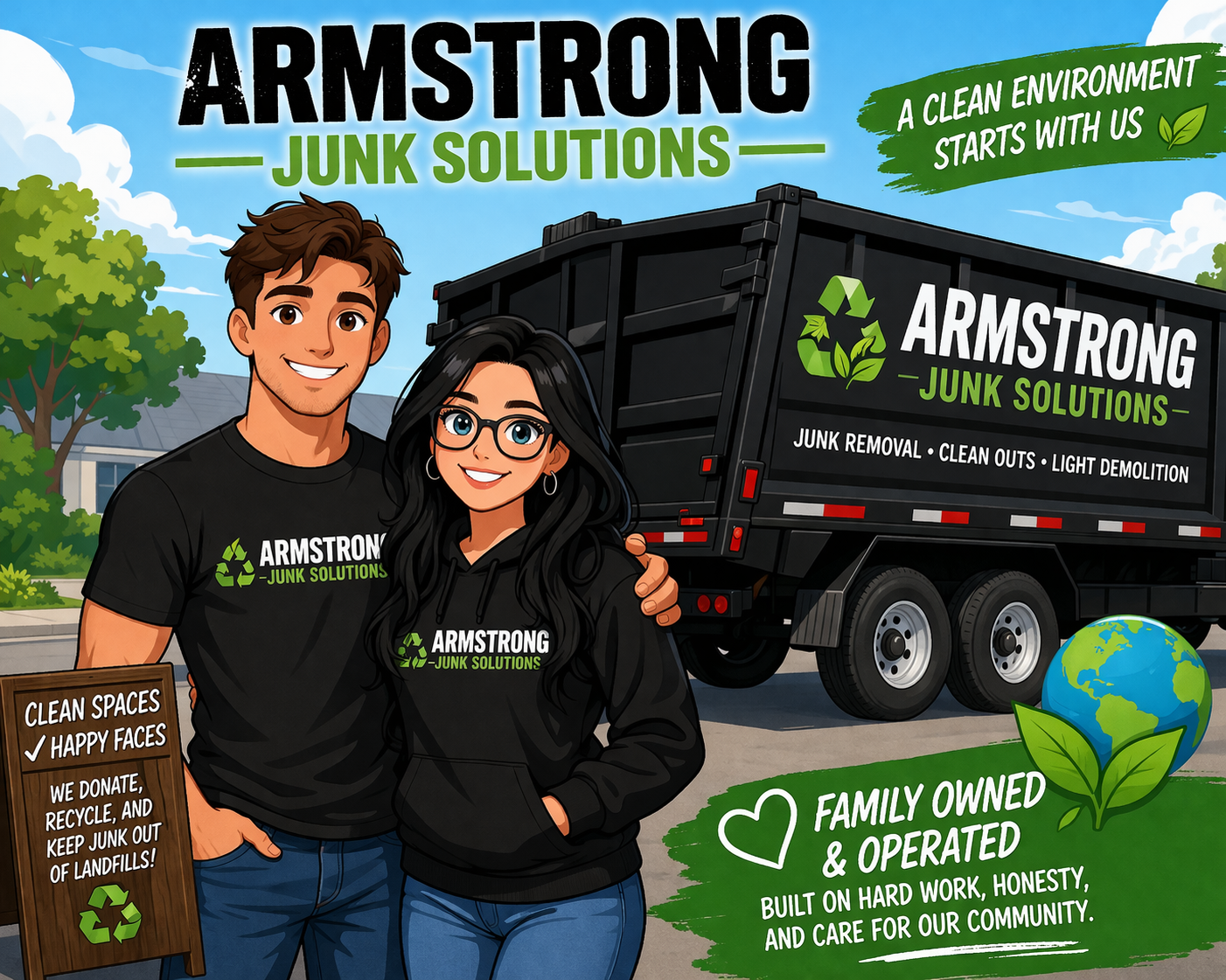 JUNK REMOVAL IN AMSTERDAM NY The image features messages about family ownership, community care, and environmental responsibility.