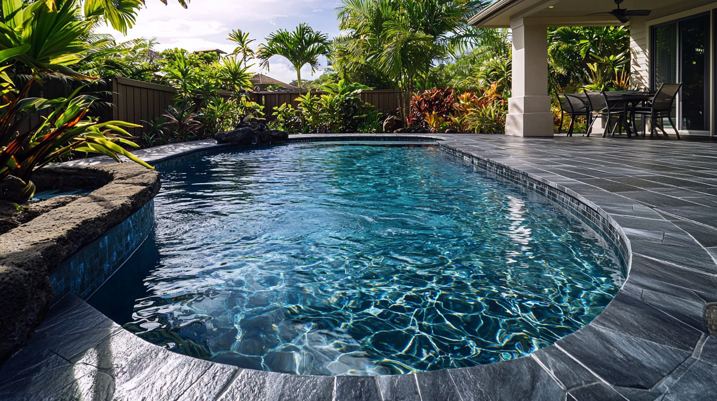 A backyard swimming pool surrounded by lush green plants and a patio area with outdoor furniture.