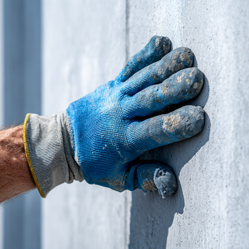Close-up of a hand wearing a blue work glove pressing against a wall during construction or renovation.