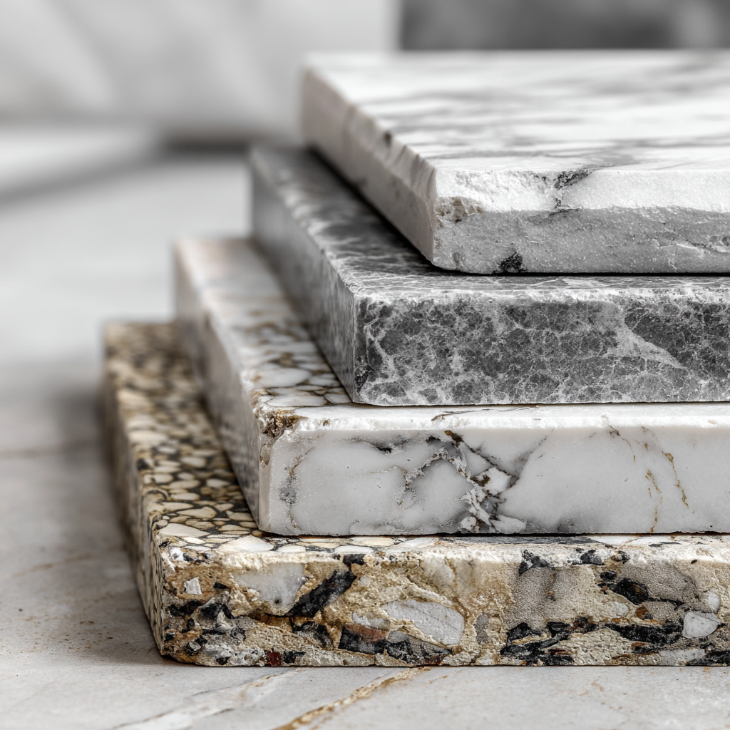 Stacked marble slabs in varying shades of gray, white, and beige with natural veining.