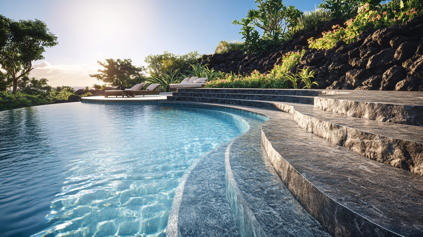 Luxury infinity pool overlooking a lush green landscape with trees and plants, set against a bright blue sky and sunlight.