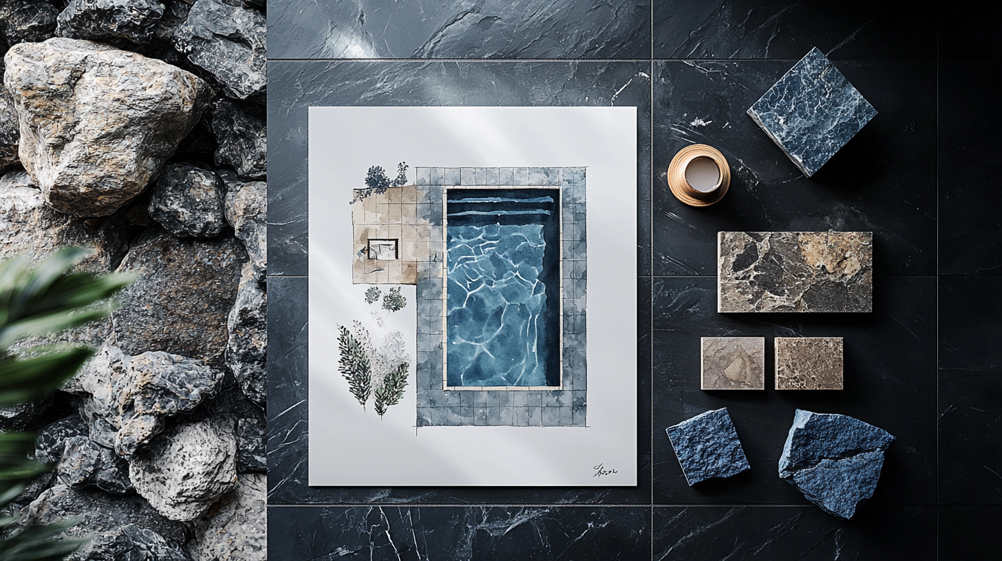 Design plan of a swimming pool with surrounding tiles and plants, laid out on a black marble surface, with stone samples and a small container nearby.