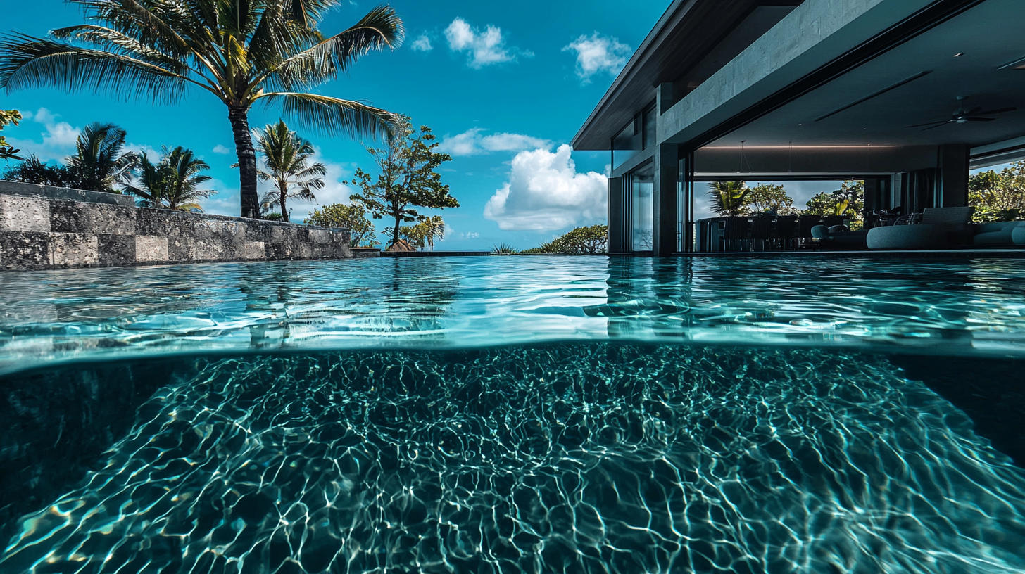 A luxurious infinity pool overlooking a tropical landscape with palm trees, a house with large glass windows, and a blue sky with clouds.