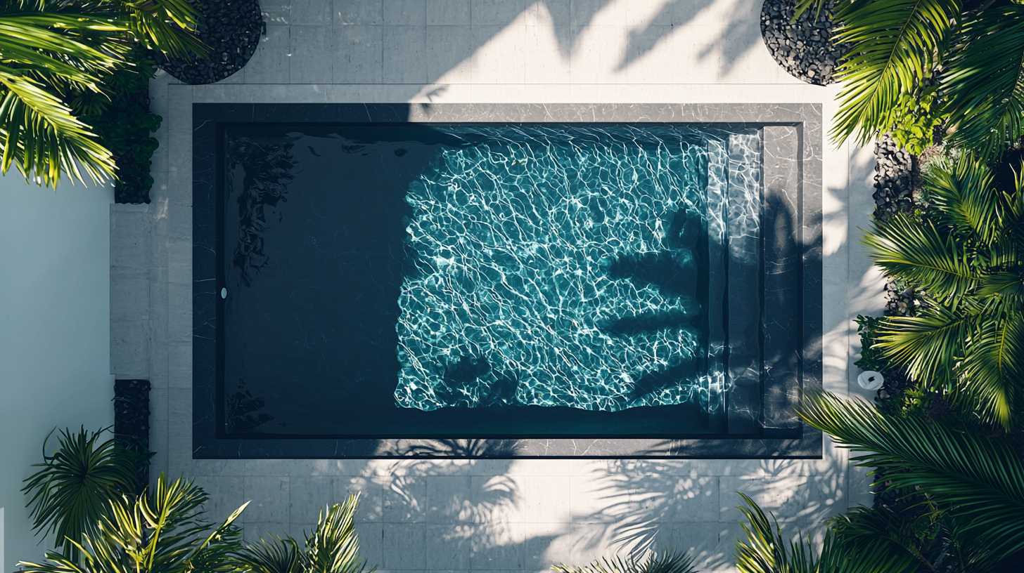 Top-down view of a rectangular swimming pool surrounded by lush green tropical plants.
