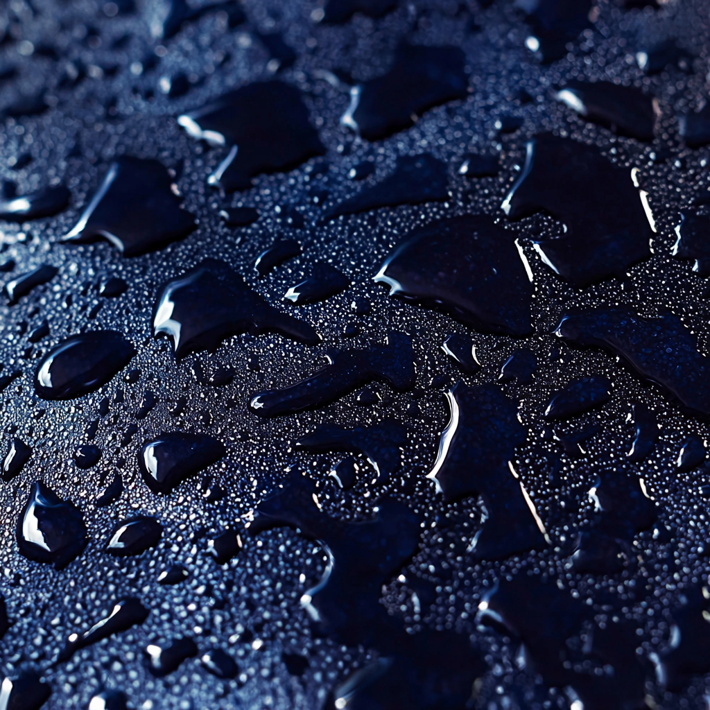 Close-up of black water droplets on a dark reflective surface, creating a pattern of shiny, irregular shapes with tiny water bead details.