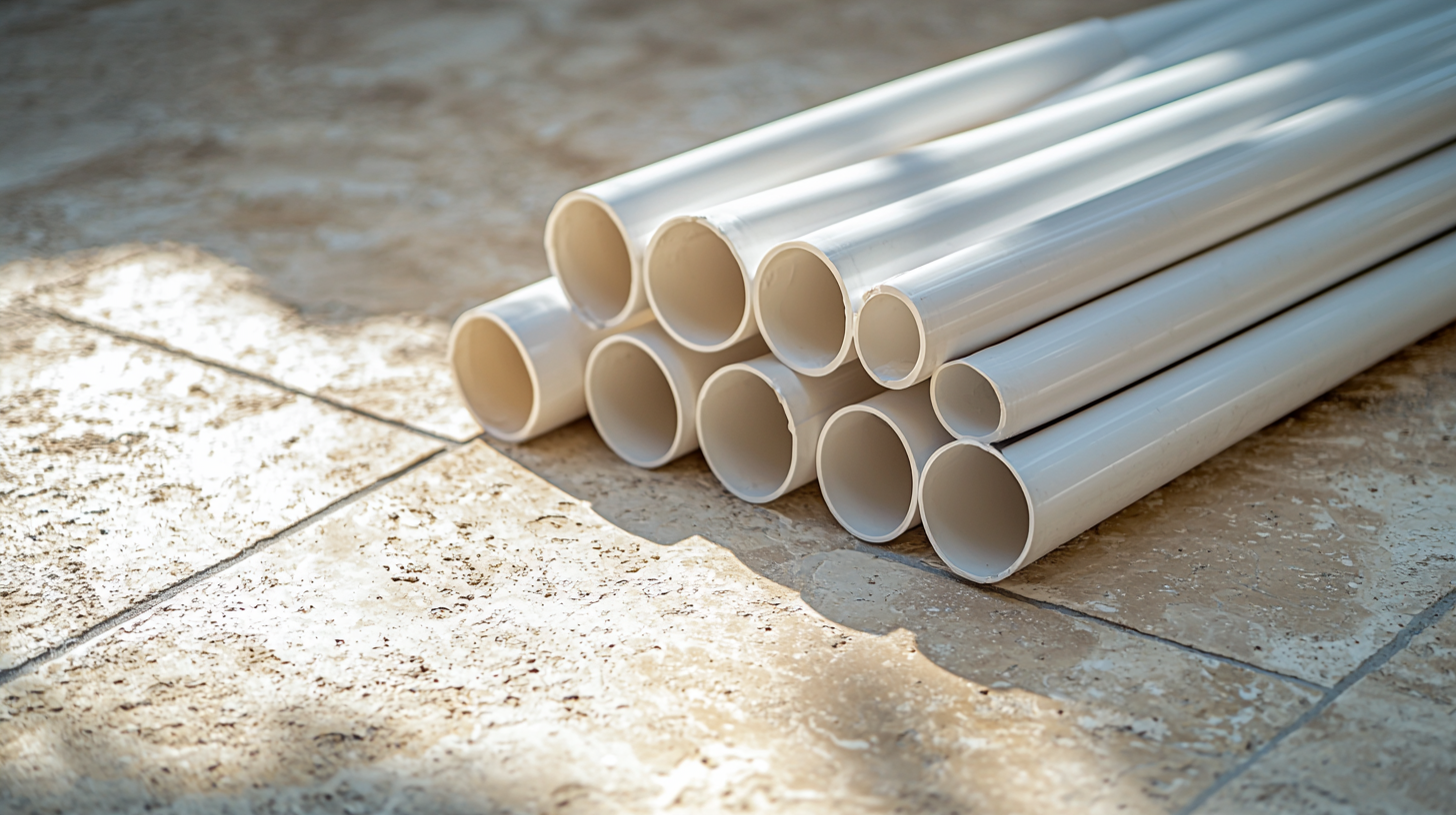 White PVC pipes stacked on a tiled floor, with shadows cast on the ground.