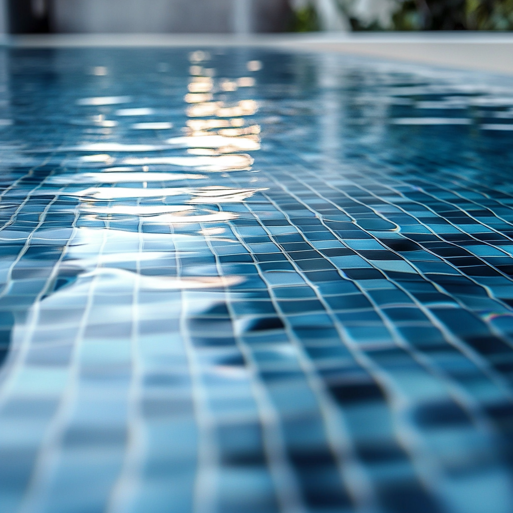 Close-up of a swimming pool with blue tiles and reflections on the water surface.