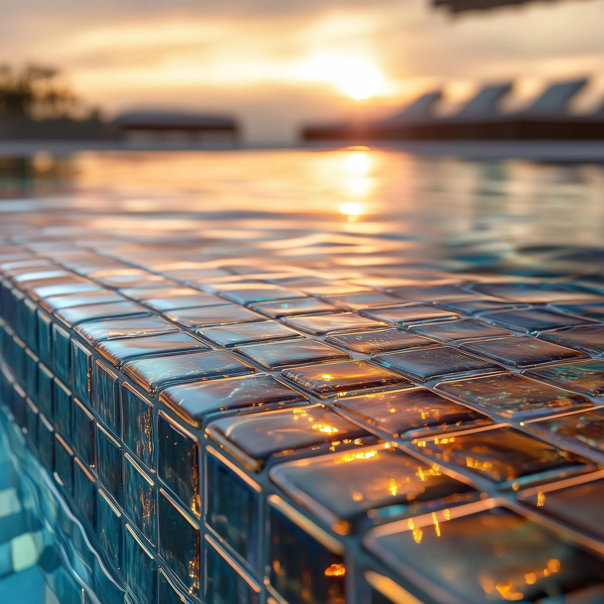 Blurred image of a sunset over a body of water, with reflections and silhouettes of buildings or structures in the background.