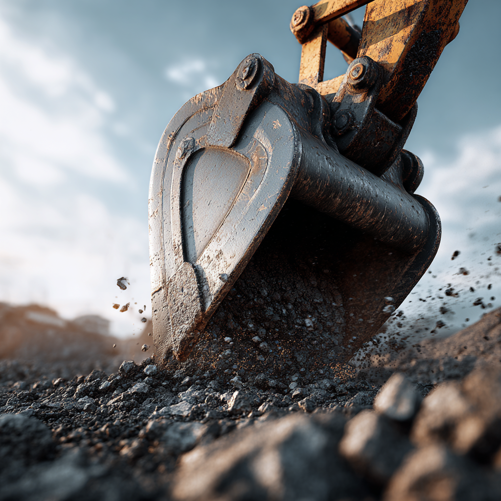 Close-up of an excavator bucket digging into dirt at a construction site with a cloudy sky in the background.