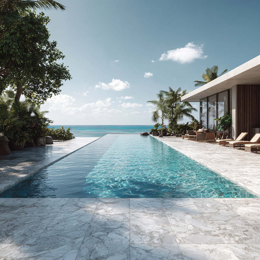 Luxurious infinity pool overlooking the ocean with tropical palm trees and modern outdoor furniture on a sunny day.