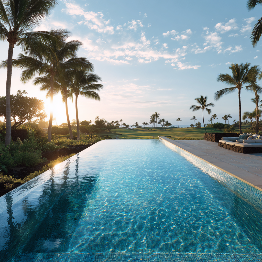 A luxurious infinity pool overlooking a tropical landscape with palm trees and a golf course, under a partly cloudy sky during sunset.