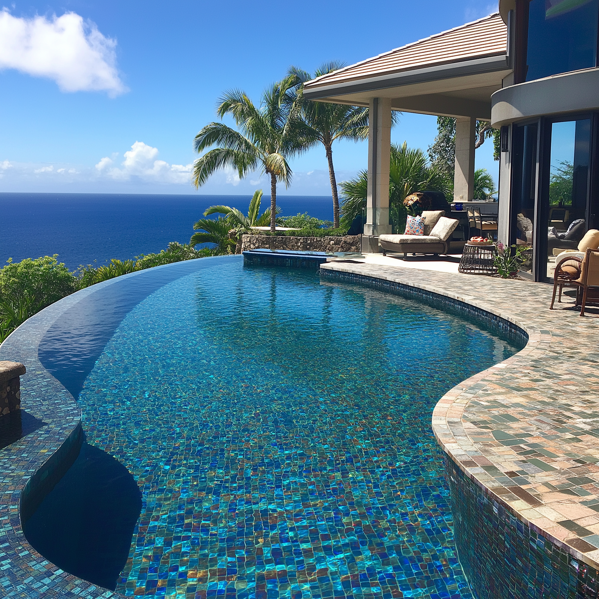 A view from a luxurious backyard featuring an infinity pool, palm trees, and a patio with outdoor furniture overlooking the ocean under a bright blue sky with a few white clouds.