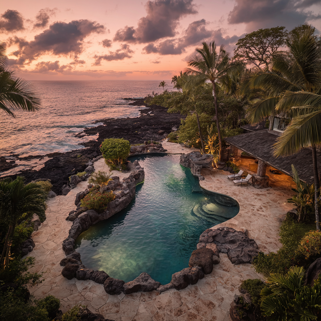 A tropical oceanfront resort with a swimming pool surrounded by tropical trees and rocks, overlooking the ocean at sunset.