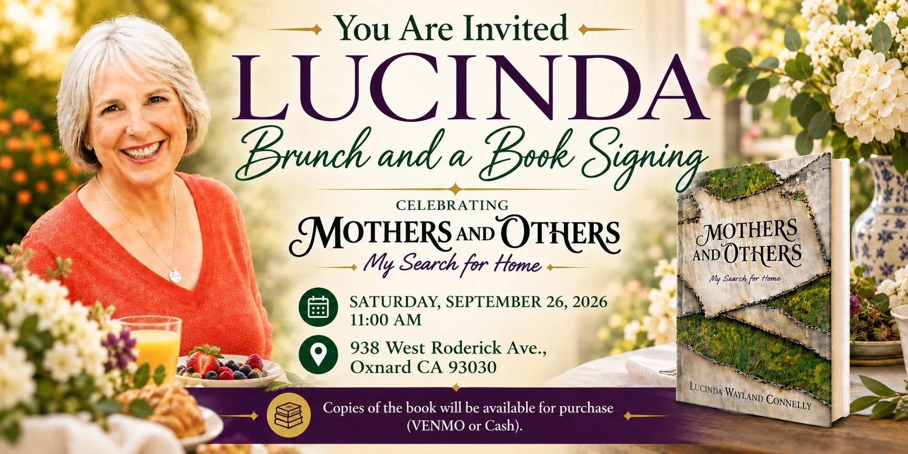 Invitation for a brunch and book signing event featuring Lucinda Wayland Connelly's book, titled 'Mothers and Others: My Search for Home'. The invitation includes a smiling woman with short gray hair wearing a red top, a table with breakfast foods, and a book cover. The event details are Saturday, September 26, 2026, at 11:00 AM at 938 West Roderick Ave., Oxnard, CA 93030. The invitation mentions copies of the book are available for purchase via Venmo or cash.