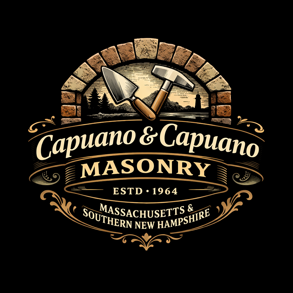 Logo for Capuano & Capuano Masonry, established in 1964, featuring a brick archway with landscape and mountain scene, along with a trowel and hammer, indicating masonry services in Massachusetts and Southern New Hampshire.