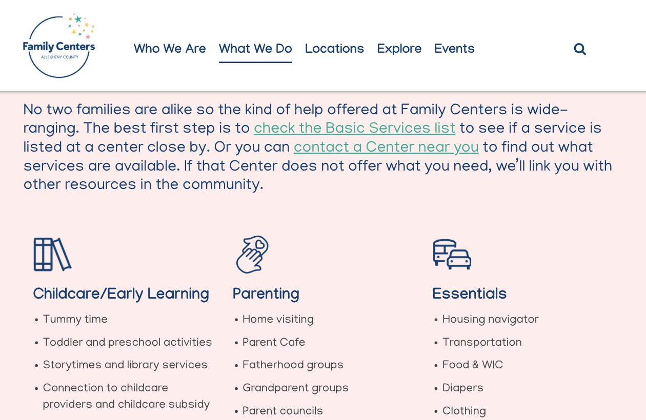 Family Centers "What We Do" page listing services by category, with links to check services or contact a center near you