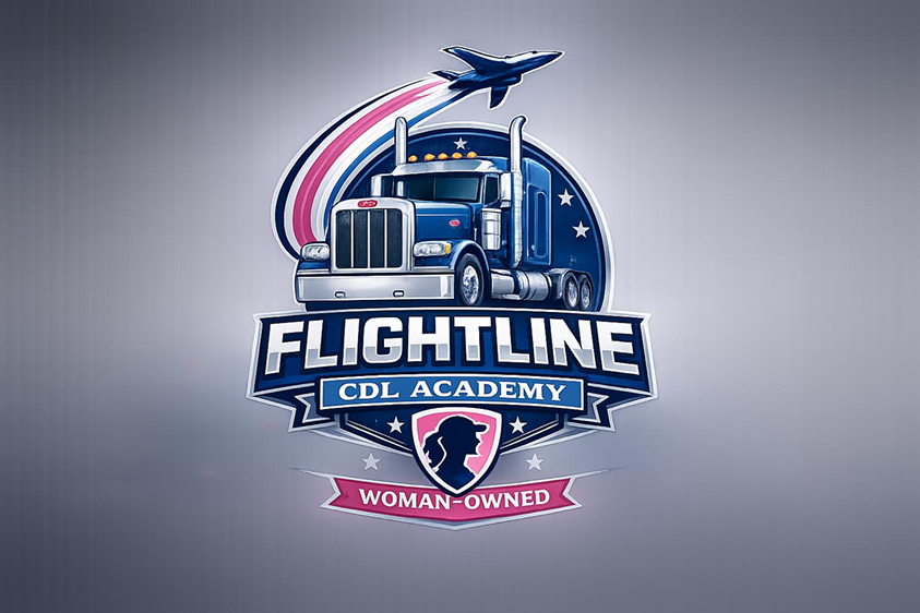 Logo for Flightline CDL Academy featuring a large blue semi-truck, a fighter jet, and an American flag motif, with a woman-owned business badge.