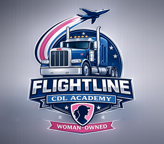 A logo featuring a large semi-truck with an airplane flying above it, a ribbon with the text "Flightline CDL Academy," and a shield with a woman's profile and stars, indicating a woman-owned trucking or transportation school.