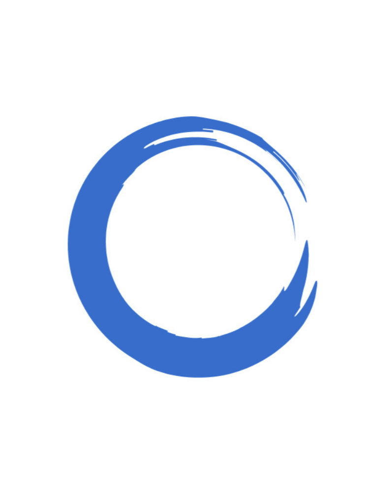Blue circular brushstroke logo on a white background