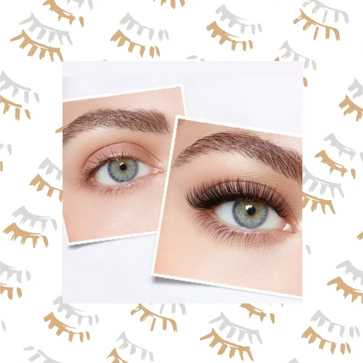 Comparación de un ojo sin y con maquillaje de pestañas largas y rizadas.