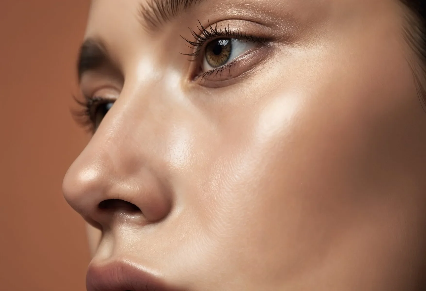 Primer plano de rostro de una mujer con piel luminosa y ojos marrones, mostrando detalles de la piel, cejas, pestañas y labios.