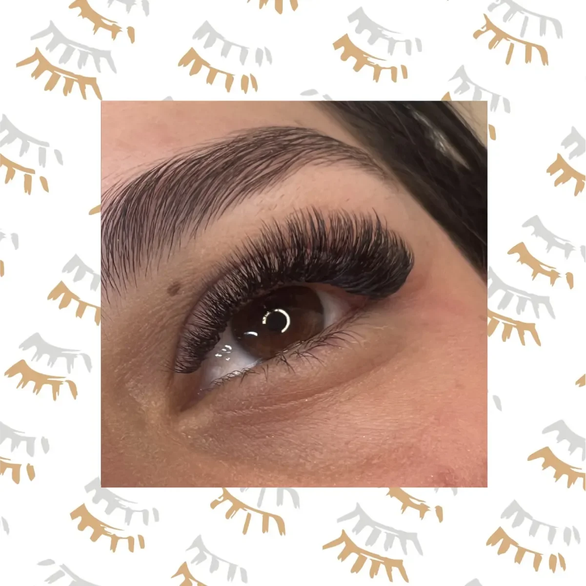 Cerca de un ojo de color marrón, con pestañas postizas largas y rizadas, y ceja arreglada.